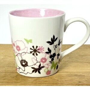 VTG 2006 Starbucks Floral Mug Pink Brown Green Poppies Butterflies Garden 12oz